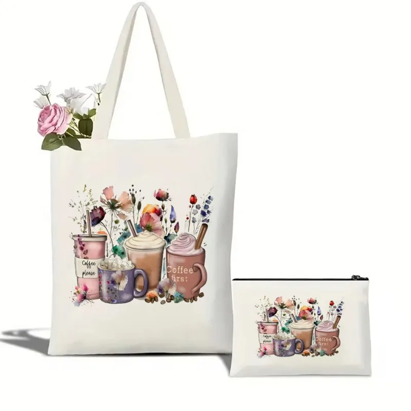 Spring Wildflowers Coffee Cups Print Canvas Tote Bag Cosmetic Bag Large Shopping Bags Makeup Bag Shoulder Handbag Girl Handbags