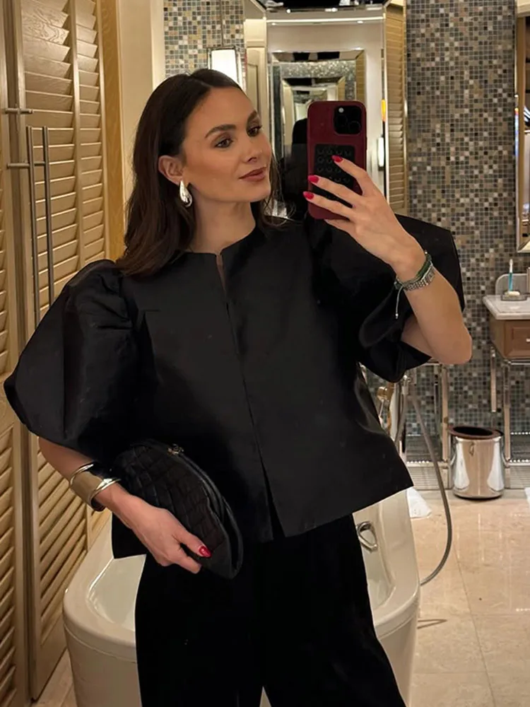 

2026 Spring Lady Vacation Street Blouse Satin Bubble Sleeves Shirt Women Casual Round Neck Single-breasted Loose Crop Tops