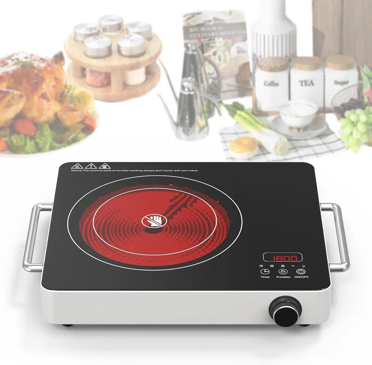 

Electric Cooktop, 110V Touch and Knob Electric Stove Top, 1800W Single Burner With Handle, 9 Power Levels, Kids Safety Lock