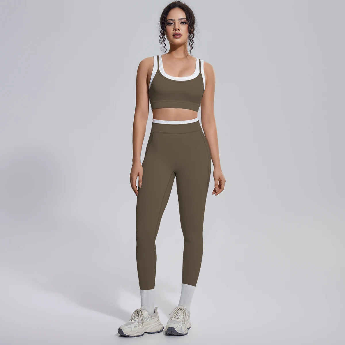 Rooftrellen 2-teiliges Yoga-Set für Damen, sexy Sport-BH, Yoga-Top mit Brustpolster, Farbblock-Design, Yoga-Hose mit Po-Formung, Damen-Fitness-Set – Detail 19