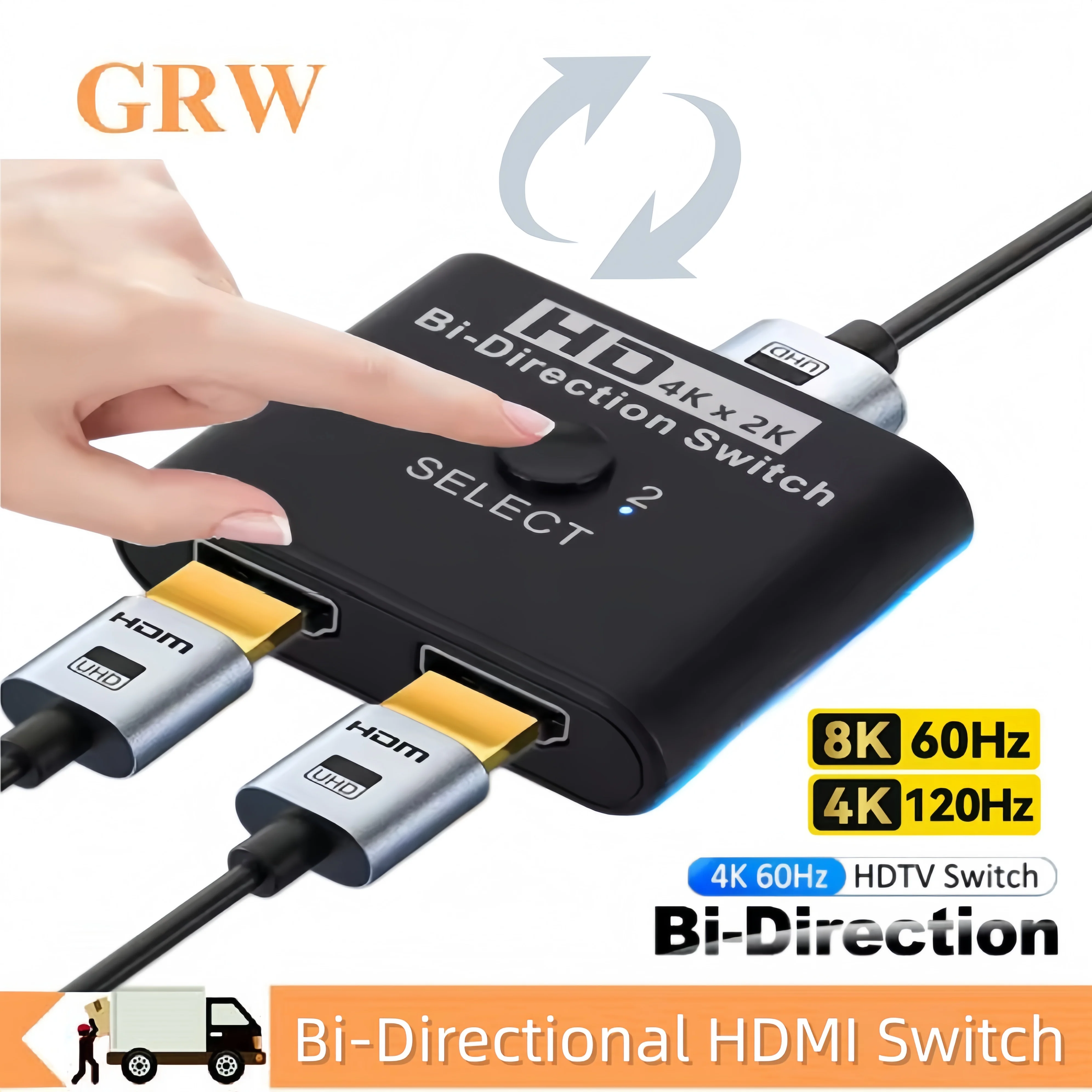 Switcher HDMI Compatível 8K 60Hz Bidirecional 1x2/2x1, Adaptador Switcher 2 em 1 para PS4 e TV Box