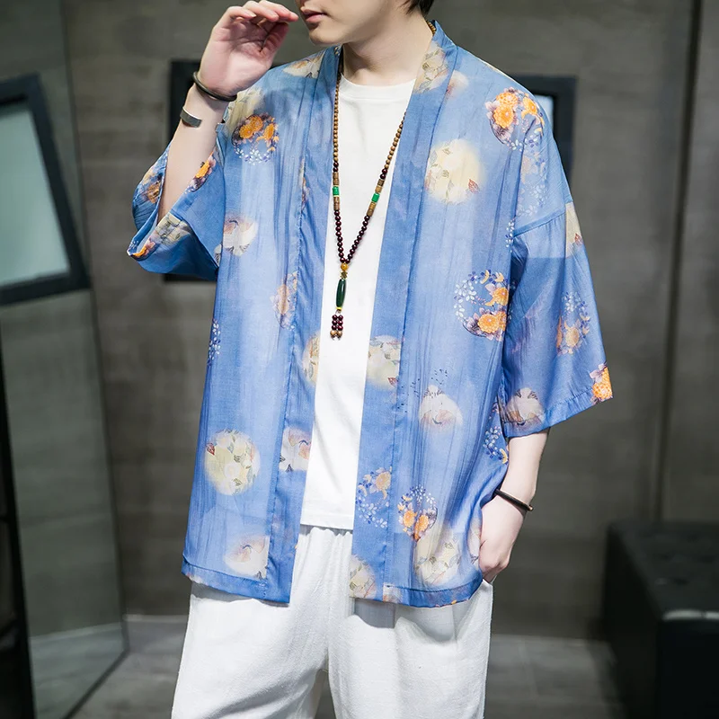 2022 Chinese Traditional Dress Summer Ice Silk Thin Short Sleeve Cardigan Plus Size Tai Chi Shirt Men Clothing Oversized Tops