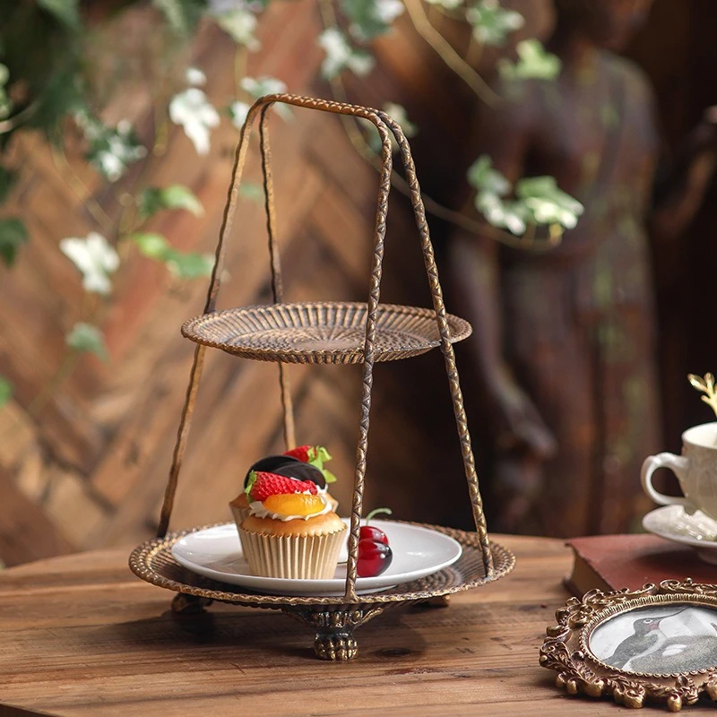 

Vintage Iron Art Multi Layer Snack Tray Stand Home Afternoon Tea Fruit Plate Rack Desktop Dry Fruit Holder Creative Metal Trays