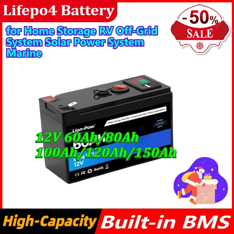 

Lifepo4 Battery 12V 60-150Ah High Quality with Built-in BMS Fit for Home Storage RV Off-Grid System Solar Power System Marine