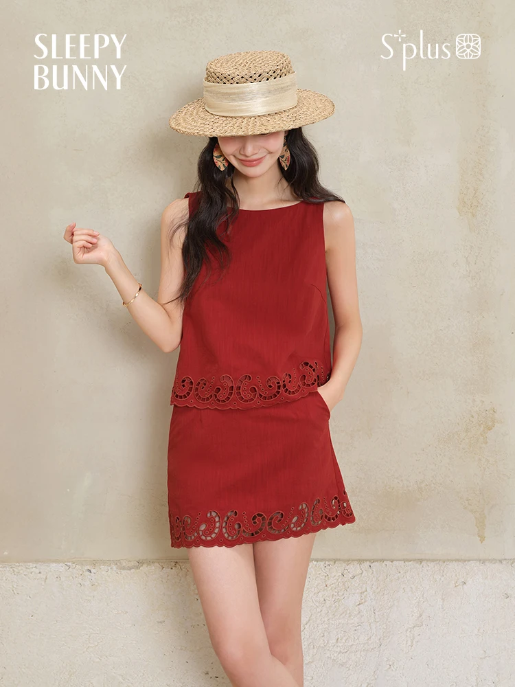 

Linen Lyocell Embroidered 2 Piece Set Women Summer Vintage Hollow Out Vest Top High Waist A-Line Mini Skirt Matching Outfit