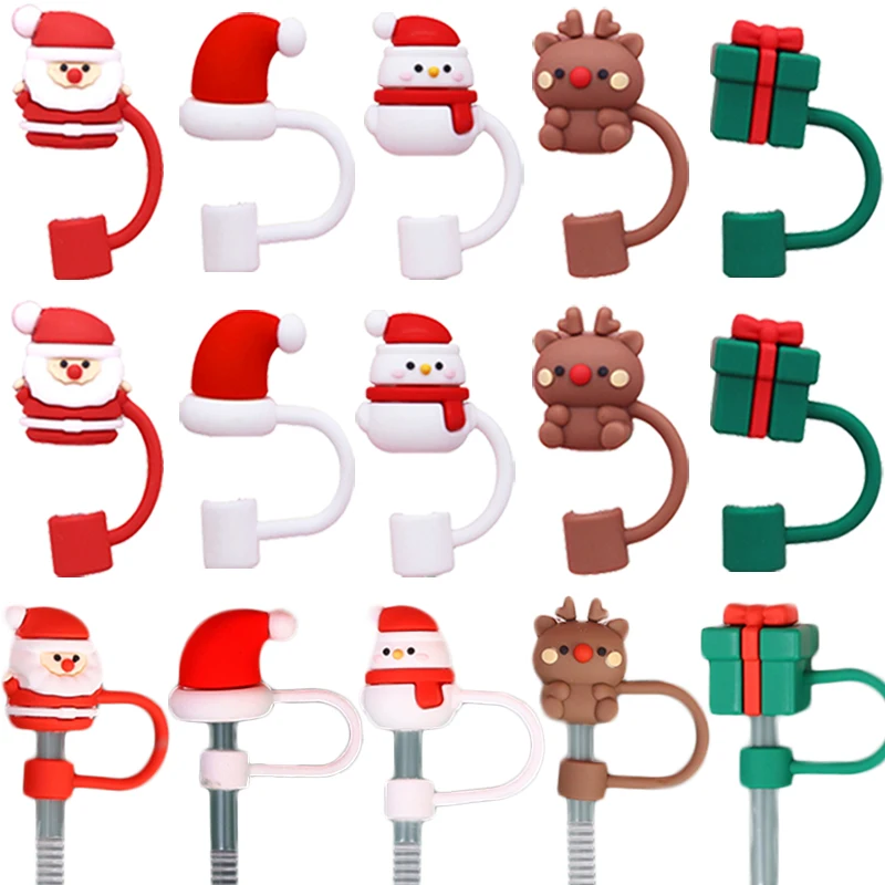 

6/12Pcs Christmas Straw Covers Cute Santa Snowman Silicone Straw Plug Tips Cover Reusable Dust-proof Cup Cap Home Party Decor