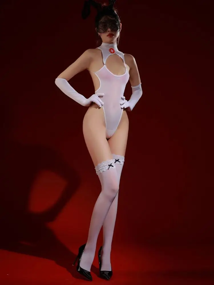 Rückenfreier Nylon-Badeanzug, hoch geschnittener Body, Handschuhe, Strümpfe, Cosplay-Outfit, Strumpfhosen, transparent, sexy Clubwear, Body, Teddies, Dessous