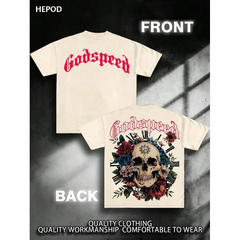 

HEPOD Godspeed Skull Time Blssom Street Wear Y2K Gothic Cotton Graphic T Shirt Men's Round Neck Short-Sleeved Casual Tee Loose S