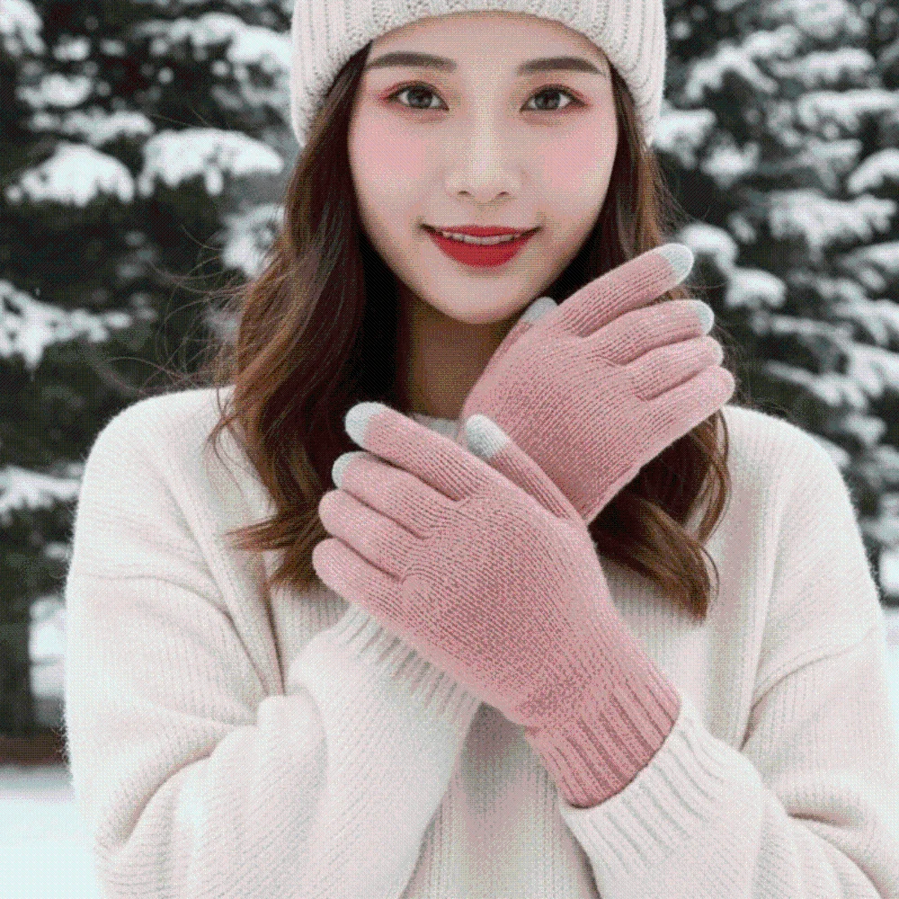 Leather Patch Touchscreen Gloves Solid Color Knitted Wool Winter Knit Mittens Thick Lining Soft Texture Woolen Warm Gloves