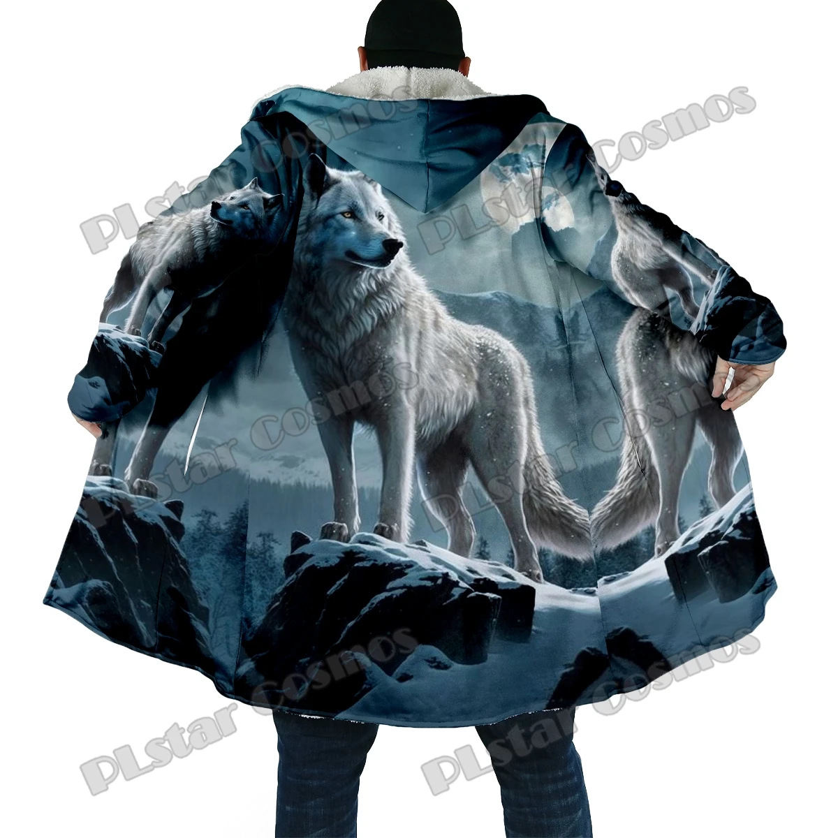 Capa con capucha de lana gruesa estampada en 3D para hombre, abrigo cálido informal Unisex, patrón de lobo púrpura, moda de invierno, DP56