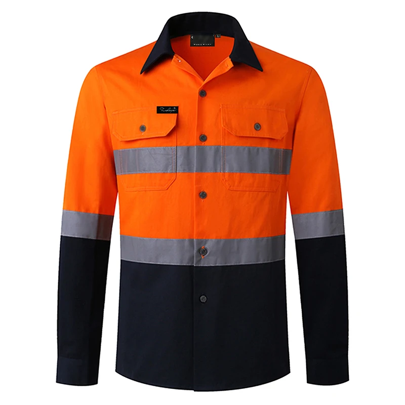 Hi Vis Shirt Cotton Work Shirt Safety Workwear with Reflective Tape Safety Construction Shirt