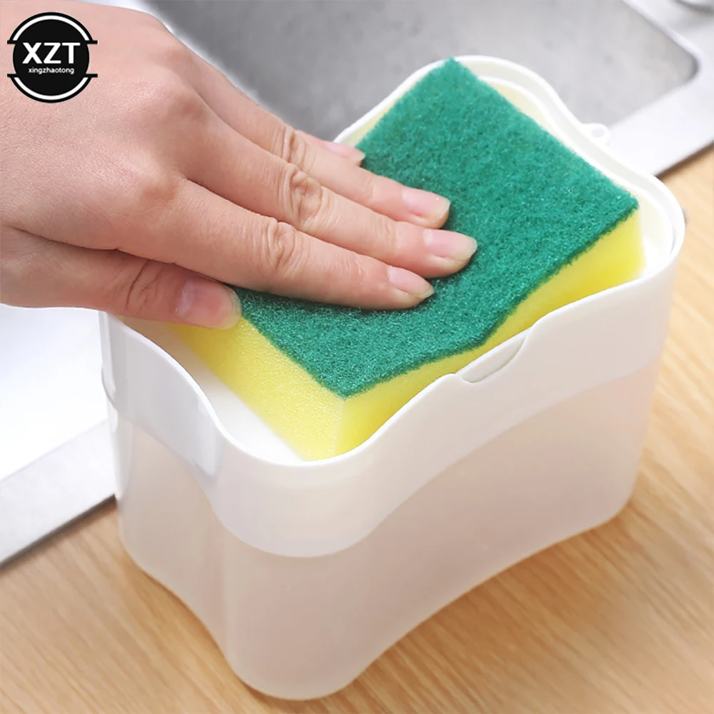 2 in 1 Scrubbing Liquid Detergent Dispenser Press-Type Liquid Soap Box Pump Organizer Sponge Kitchen and Bathroom Tools