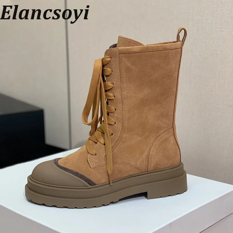 

Round Toe Flat Heel Thick Sole Splicing Mixed Color Short Boots Women Lace Up Zipper Ankle Botas Spring Autumn Motorcycle Boots