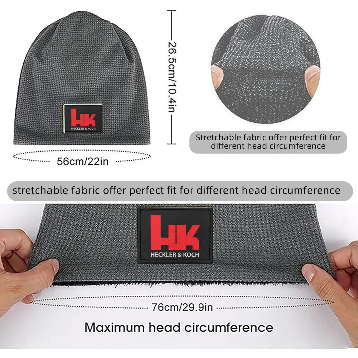 HK Heckler Koch Firearms No Compromise Waffle Knit Fleece Lined Beanie with PU Leather Patch Unisex Warm Winter Soft Cap