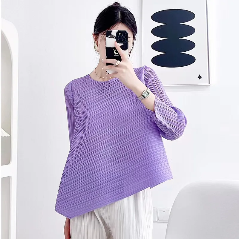 Miyake Neue Plissee Vielseitige frauen Rundhals Temperament Lange-ärmeln Tops frauen T-shirt Bequem Casual mit Elastizität