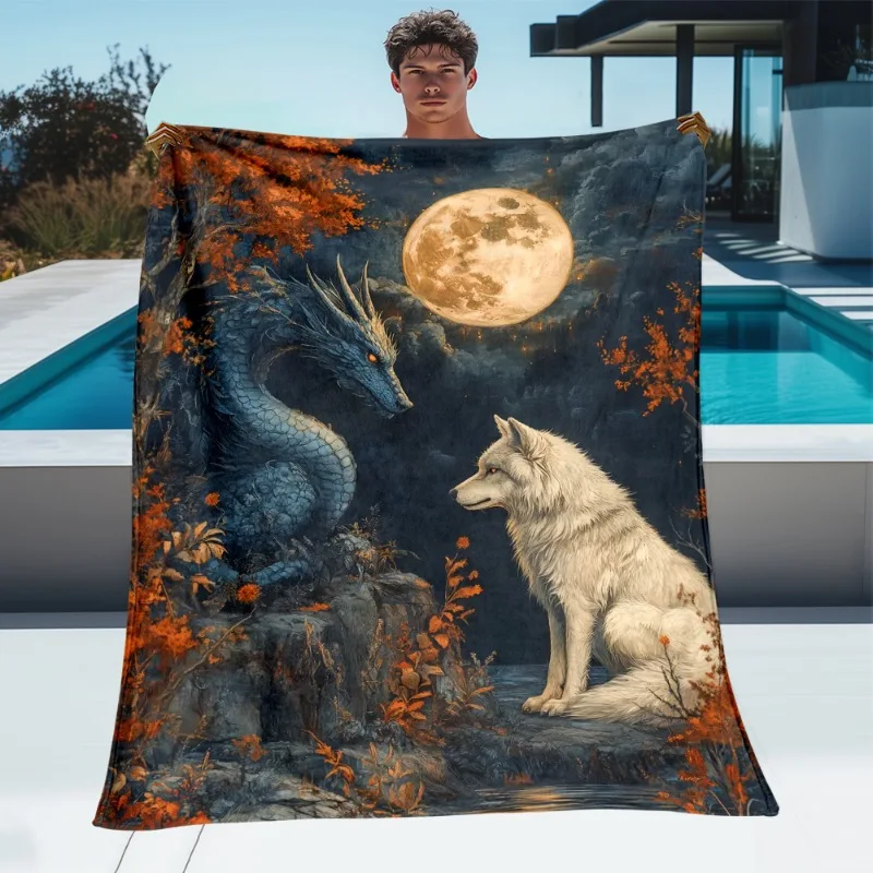 1pc Mysterious Fantasy Wolf & Dragon Flannel Blanket - Dreamlike HD Print Soft Polyester All-Season Comfort