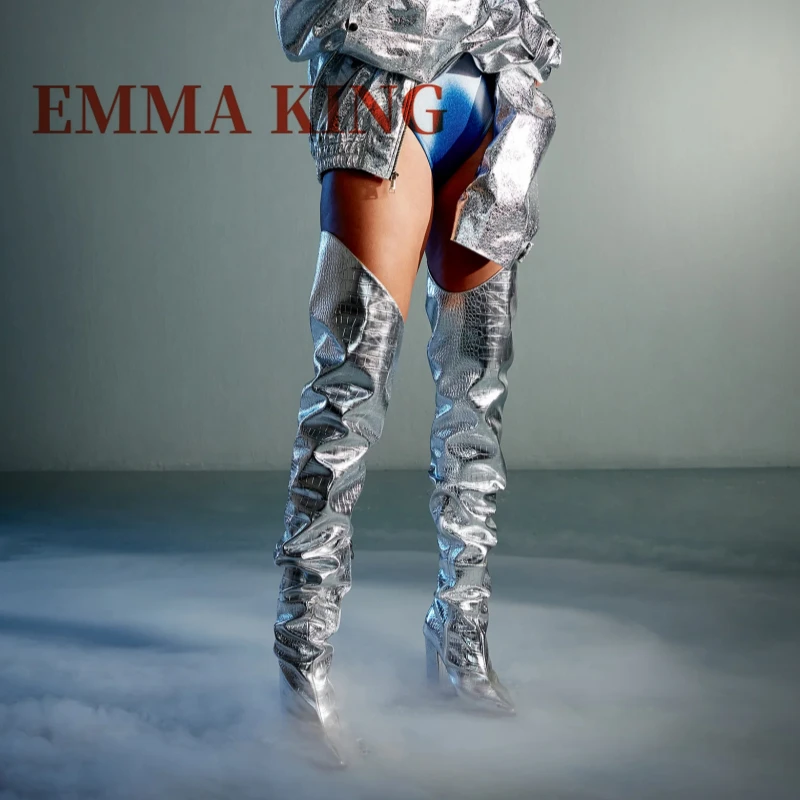 

Женские сапоги до бедра с крокодиловым узором, женские сапоги выше колена с острым носком на блочном каблуке, женские вечерние модельные сапоги с боковой молнией