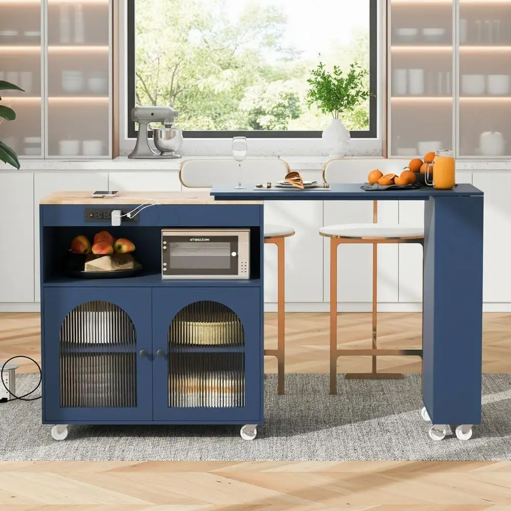 

56.3 Kitchen Cart with Extendable Table, LED Lights, Power Outlet, Tempered Glass Top, Storage Cabinet & Shelves