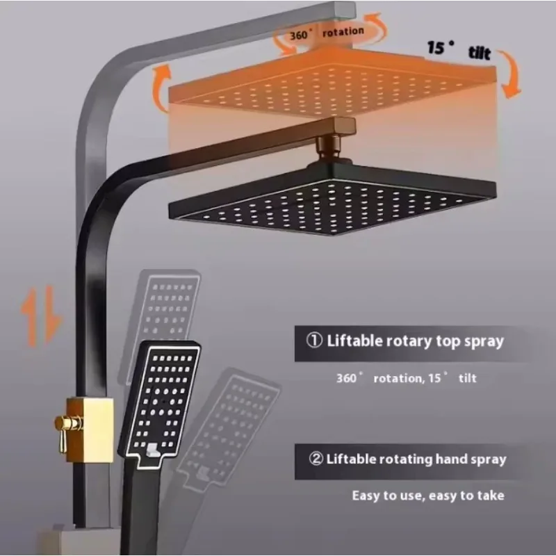 

Thermostatic Single Handle Black Shower Faucet Set Polished Rain Shower Head Handheld for Hotels Includes Ceramic Valve Core