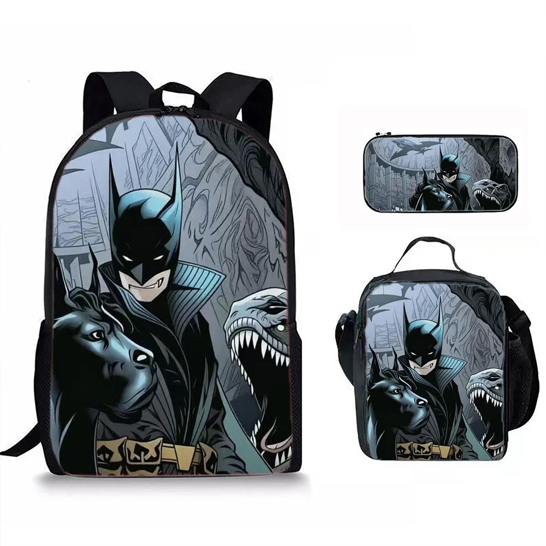 B-Batmans Anime Characterstudent Backpack Superhero Bag, Pencil Case and Lunch Bag Fashion Trendy Three-piece Set, Gift for Boys