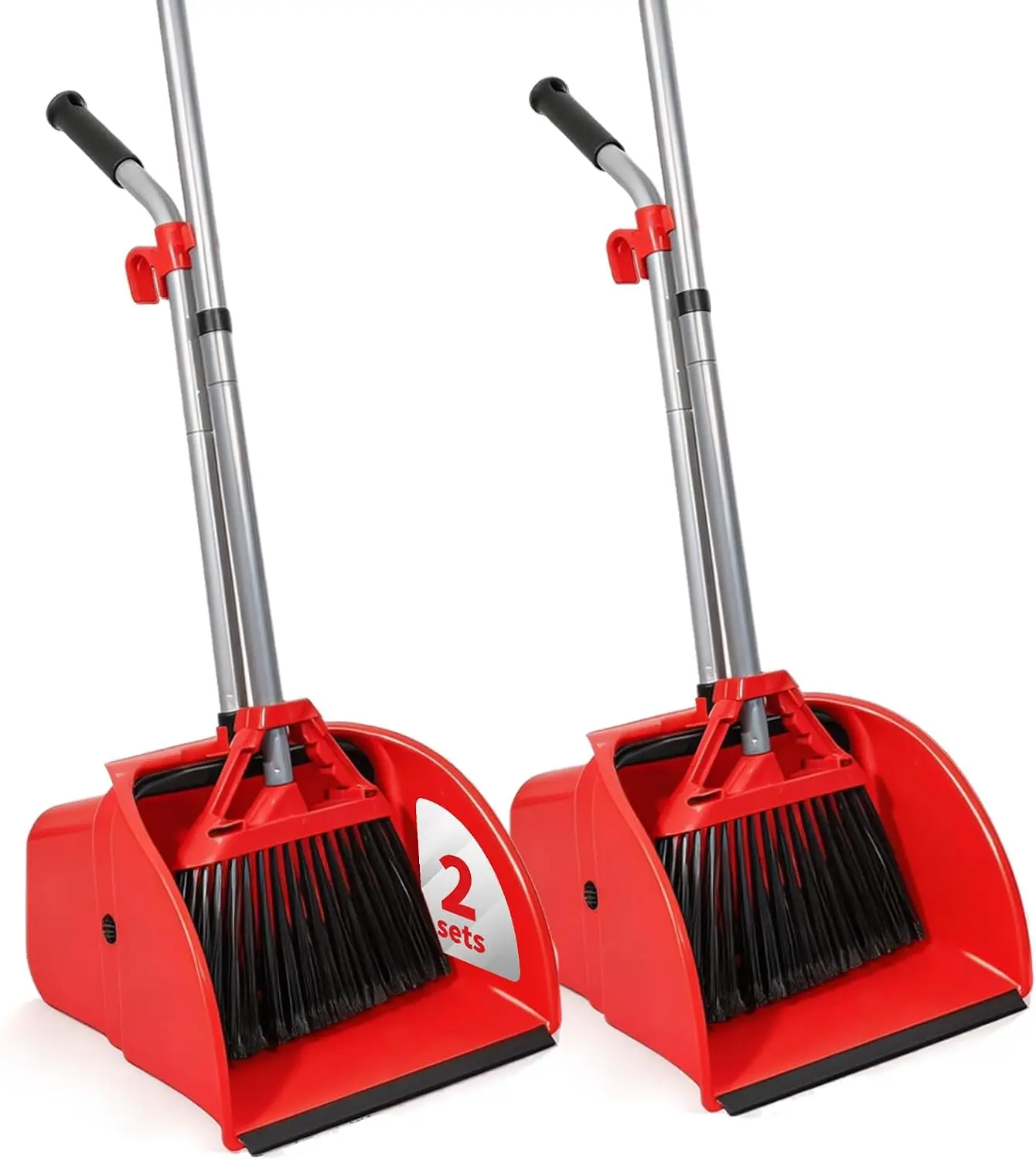 2 Pack Heavy Duty Broom and Dustpan Set,Indoor Outdoor Sweeping Kit,Red
