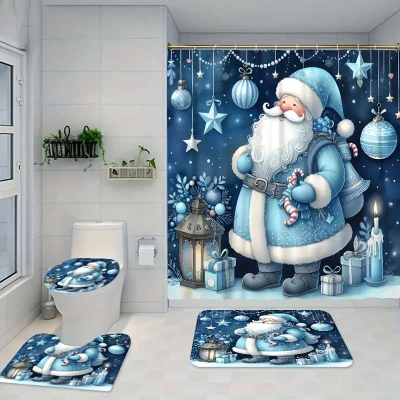 

Синий мечтательный набор для ванной комнаты с рождественской тематикой Санта-Клауса — устойчивая к выцветанию занавеска для душа с крючками, нескользящим ковриком, U-образным ковриком и унитазом