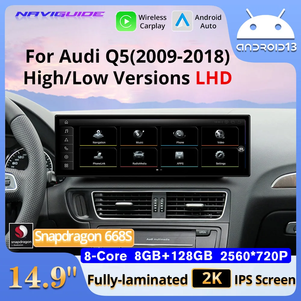 NAVIGUIDE 14,9 "Android 13 sistemas de coche inteligentes para Audi Q5 2009-2018 Radio de coche reproductor Multimedia GPS inalámbrico Carplay Android Auto