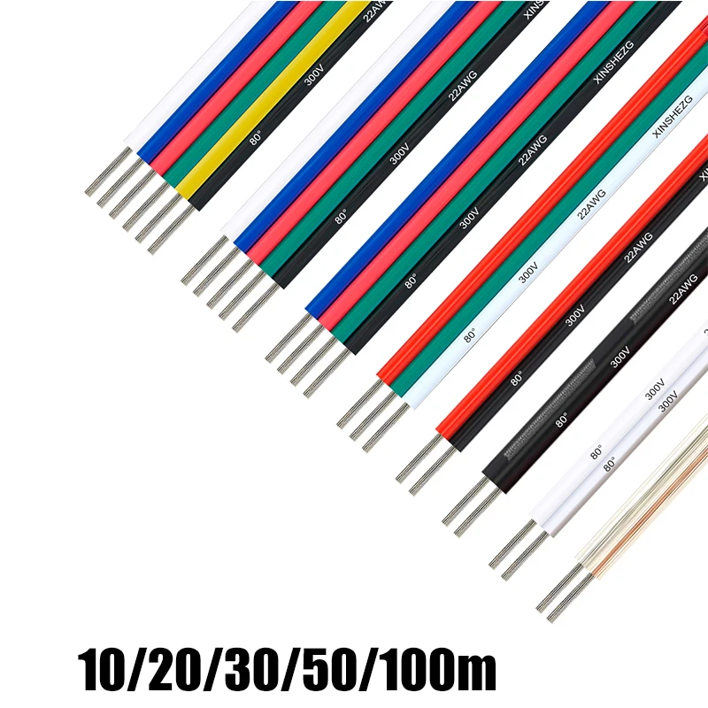 

2pin Electrical Wire Tinned Copper 3/4/5/6Pin 22/20/18 AWG LED Extension Cables For WS2812B 5050 RGB RGBWW LED Lights Speakers