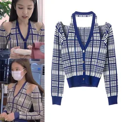 V Neck Hollow Out Korean Fashion Women Knitted Cardigans Sexy Halter Jennie Sweaters Top Female Spring Streetwear Plaid Check