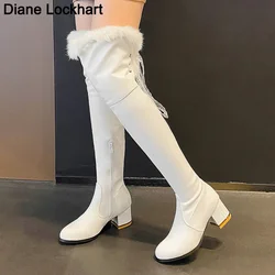 White Thigh High Boots Winter Faux Fur Boottes Women Over The Knee Boots 6CM Heel Long Boot Female High Heels Fur Plush Woman