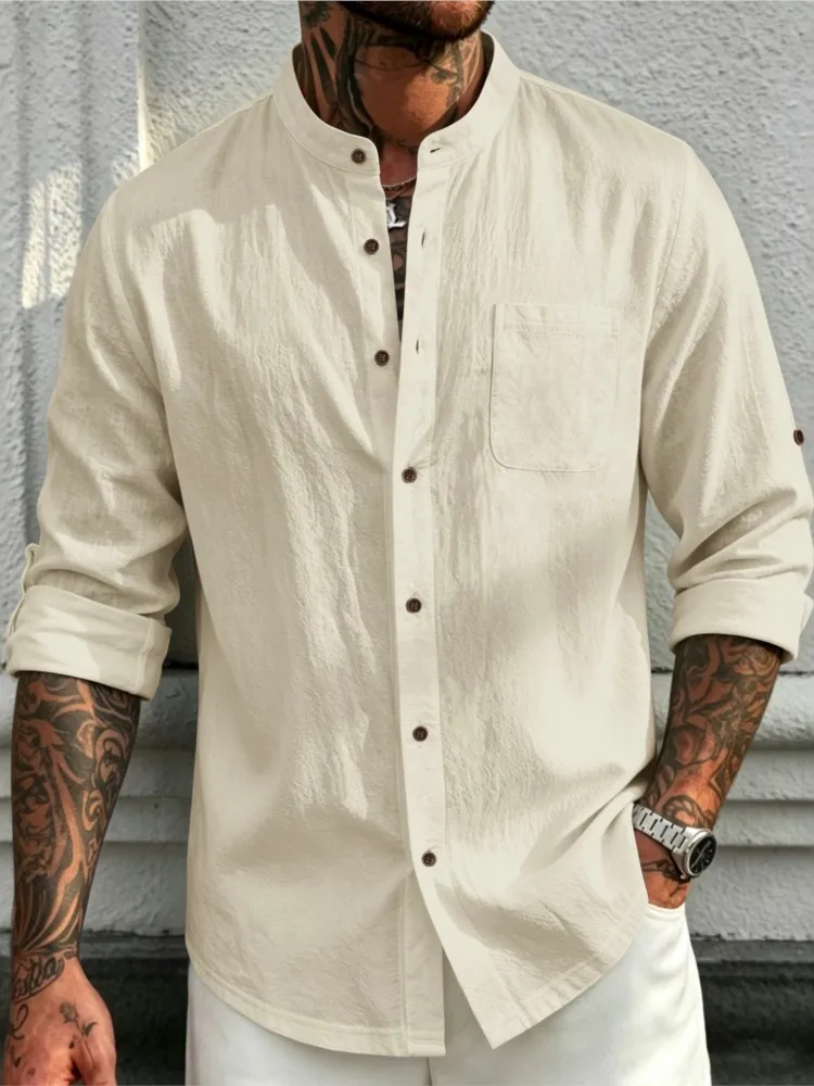 New Cotton Linen Shirts for Men Stand Collar Casual Shirts Lightweight Long Sleeve Henley Beach Shirts Hawaiian T Shirts for Men