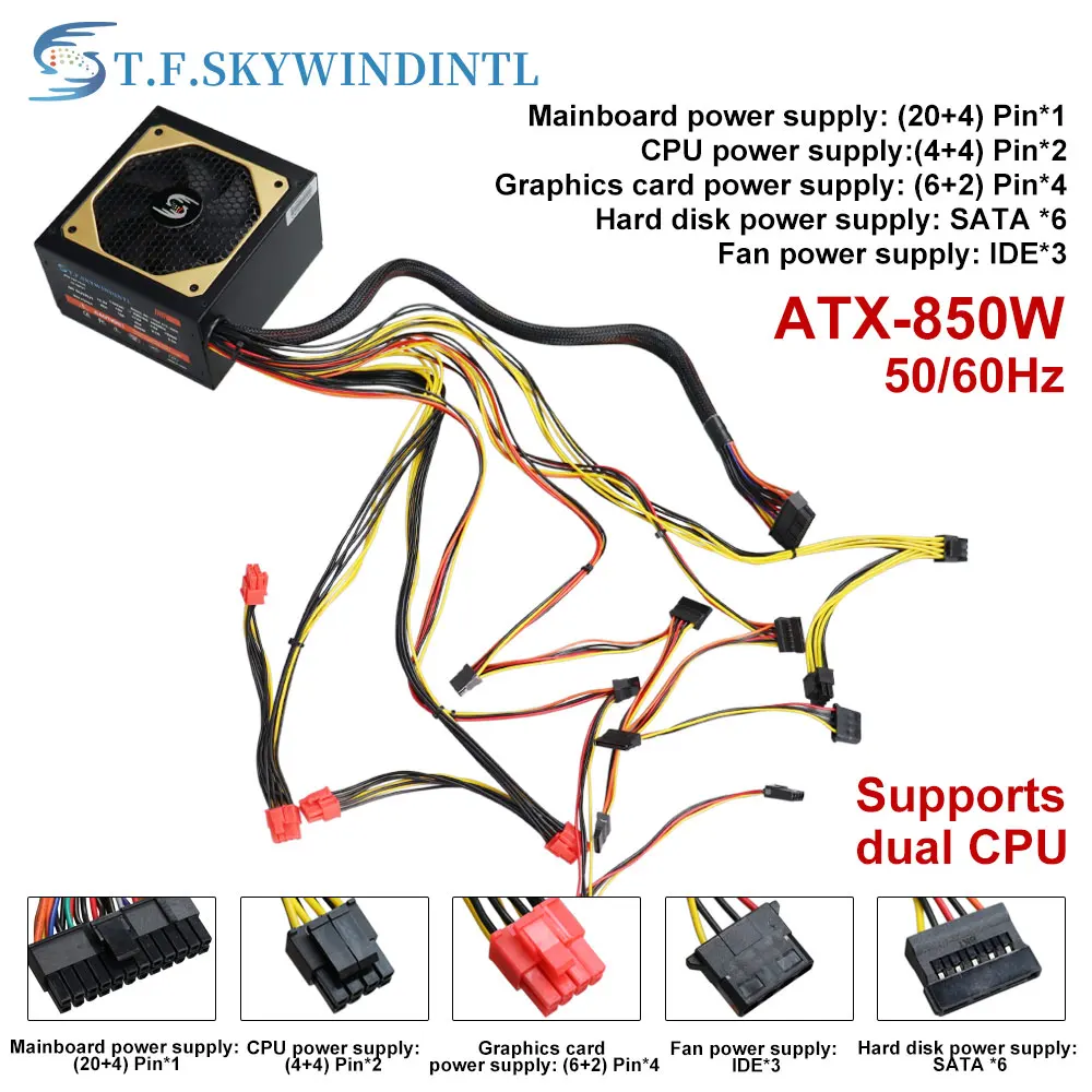 Imagem -06 - Fonte de Alimentação de t. f. Skywindintl para pc 850 Watt 24pin 12v Atx Fonte Max 950w Pfc Ativo Computador para a Fonte de Mesa do Jogo