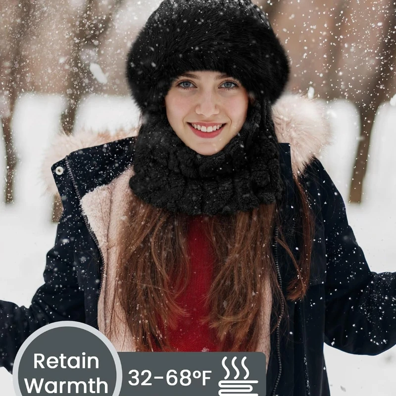 Women Winter Beanie Hats One-Piece Fleece Lined Knit Balaclavas Mask Set Skull Neck Circle Scarf Ski Snow Hat Cap with Pompom