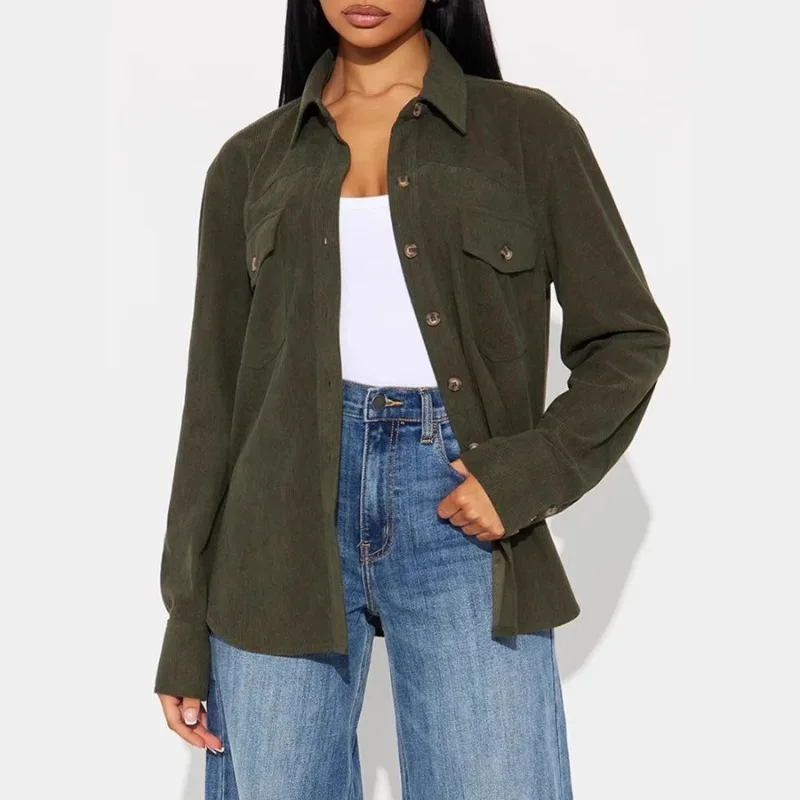 

Womens Spring Vintage Corduroy Shirt Long Sleeve Casual Button Down Blouse