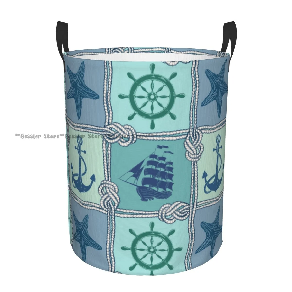 

Nautical Patchwork Rope Starfish Sailing Ship Anchor And Helm Laundry Basket Folding Dirty Clothes Toys Storage Bucket Household