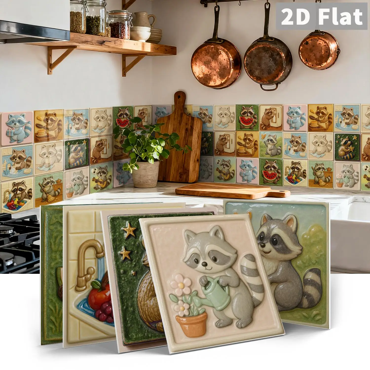 15x15CM Peel & Stick Decor Wall Sticker Lovely Cartoon Raccoon Square Tile Mural for Bedroom Home Wall Decoration