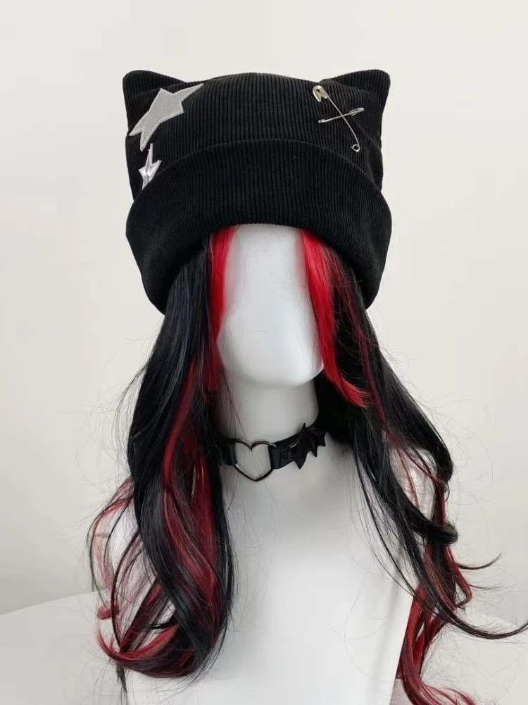 Y2k Aesthetic Knitted Kawaii Cute Cat Ears Hat Autumn Winter Sweet Star Warm Bucket Hats Harajuku Vintage Cap Japanese All Match image 6