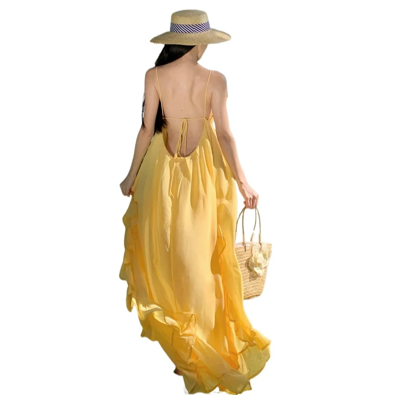 

2024 New Backless Deep V Neck Chiffon Dress French Elegant Women Vacation Summer Fairy Dress Bridesmaid Long Holiday Dresses