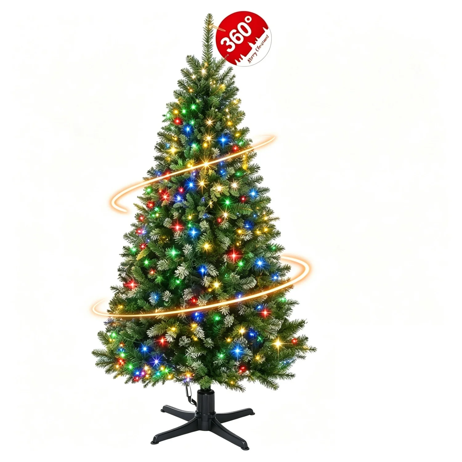 Bhony 6ft Pre-Lit Snowy Pine Christmas Tree With 512 Branches & 200 Warm&Multi-color 11 Lighting Modes Christmas String Lights - Easy Assembly, 360° Rotating Stand Included - Ideal For Home & Office Festive Decoration
