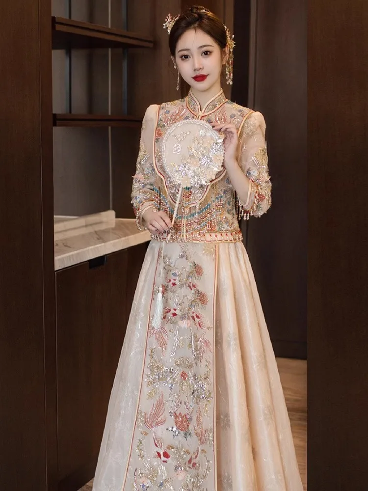 New plus-size champagne-colored golden wedding dress