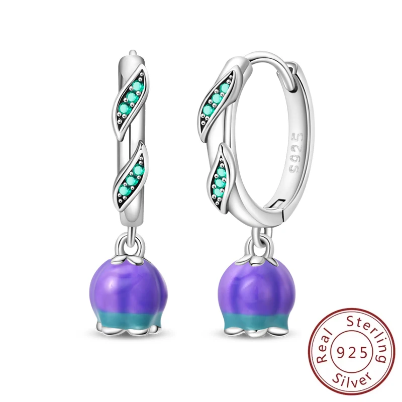 

Spring New 925 Sterling Silver Purple Romantic Lily of the Valley Flower Double Hoop Earrings For Woman Birthday Jewelry Gift