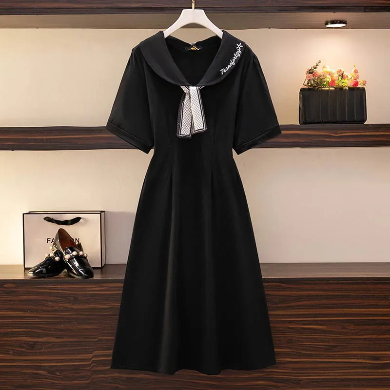 150Kg Plus Size Women\'s Bust 149 Summer Loose Slim Short-Sleeved Doll Collar Waist Dress Black 5XL 6XL 7XL 8XL 9XL