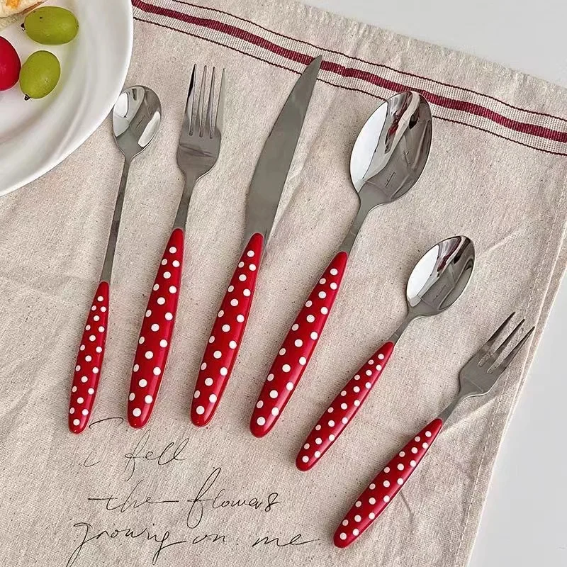 Mushrooms 9527  Korean Girl Red Polka Dot Spoon Stainless Steel French Retro Home Dessert Western Spoon Coffee Spoon