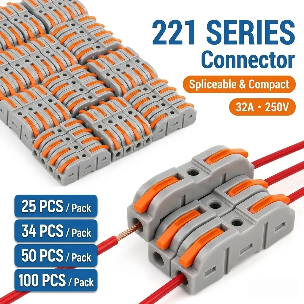 PCT-221 Lever Wire Connector 25 34 50 100PCS Inline Splicing Terminal Block Compact Cable Splitter Kit for LED Electrical Wiring
