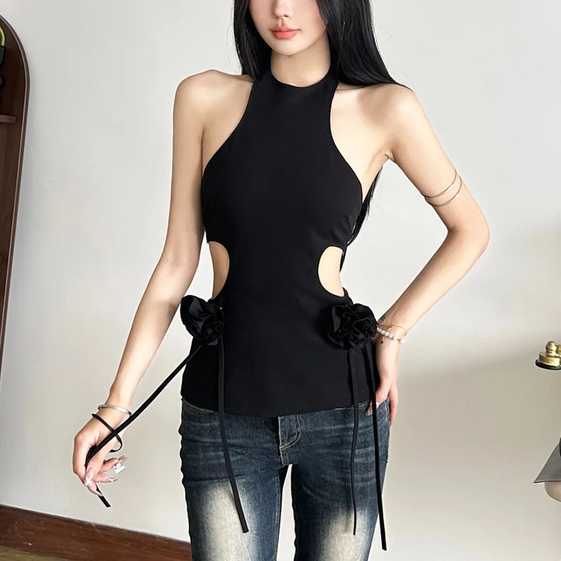 

Осень-зима 2024, новая женская одежда, однотонный, тонкий, уличный, модный, с вырезом, сексуальный, с лямкой на шее, женский жилет