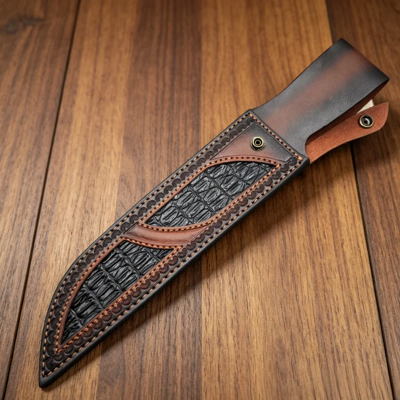 Two Tone Croc Emboss Spliced Split Cowhide Knife Sheath Metal Snap Waist Belt Tool Scabbard Sheath Only No Knife Included view 4
