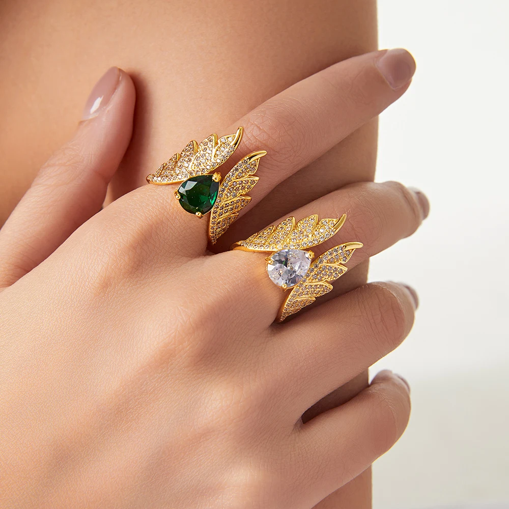 Elegant Wings Waterdrop Zircon Chic Shiny Copper Ring For Women Designer Luxury Fashion Jewelry