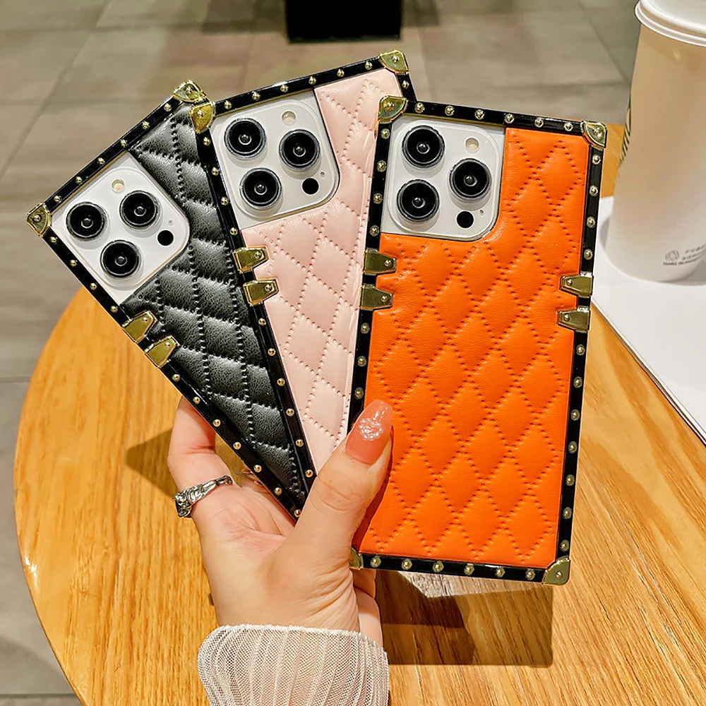 Leather Rhombic Lattice Square Phone Case For Samsung Galaxy S23 S22 S21 Plus Ultra S20FE Note20 10 Pro Metal Protect Back Cover image 2