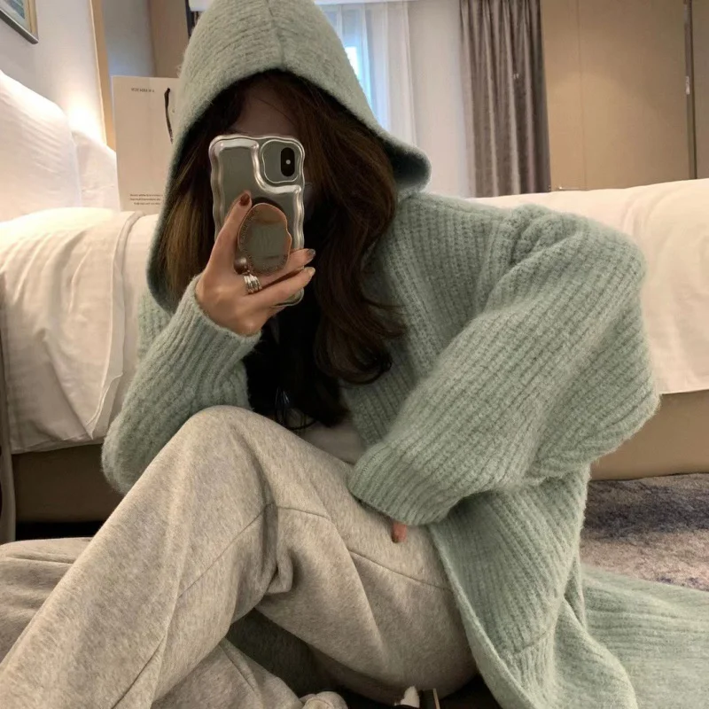 

Кардиганы средней длины женские зимние в стиле шоу-джи, с геометрическим минималистичным узором, вязаные в рубчик, с капюшоном, имитация меха норки, двухслойные, на крючках, в стиле бохо, трендовые