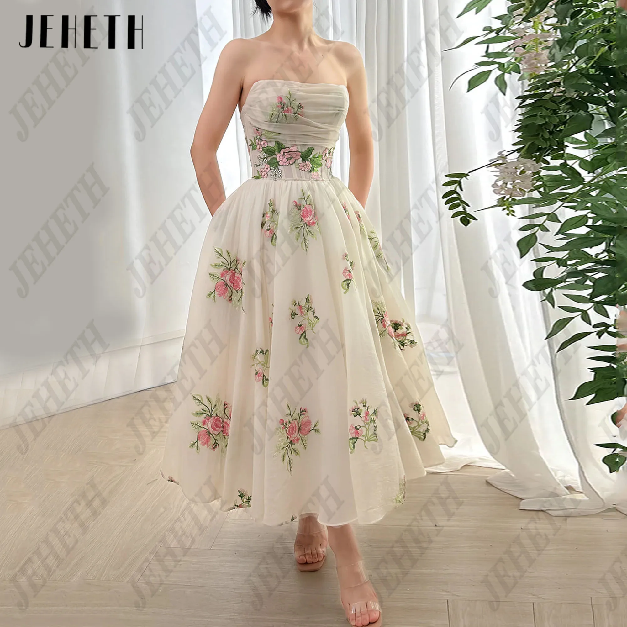 

JEHETH Strapless Floral Prom Dress Embroidery A-Line Formal Occasion Gowns For Women Ankle Length Sleeveless vestidos de gala